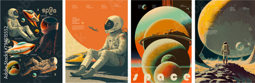 Space, science fiction, future. Vector retro illustrations of astronaut, galaxy, planet, moon, space objects for poster, background or cover photo