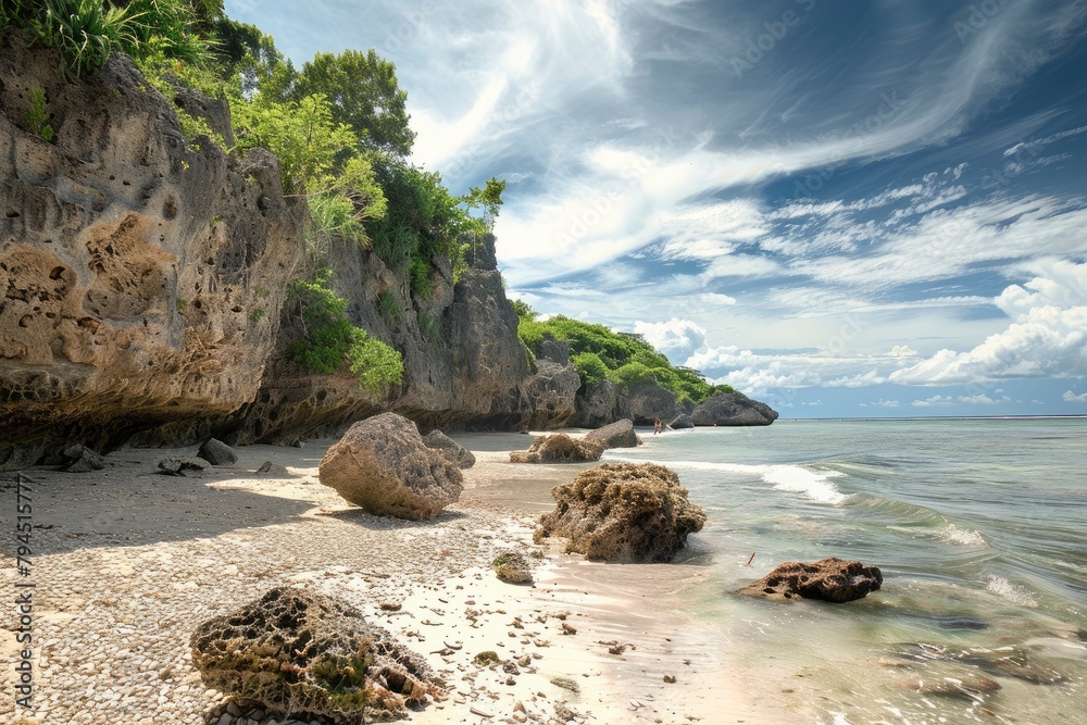 Beach with beautiful rocks in Banten - generative ai Beach with beautiful rocks in Banten - generative ai