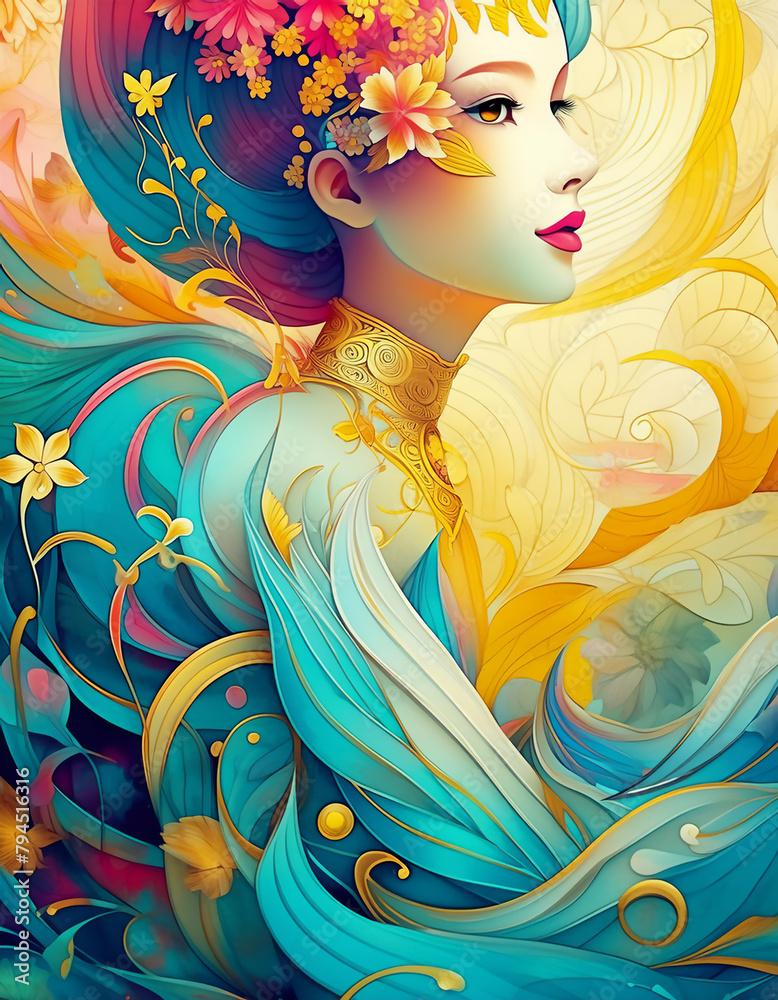 花と女と金のポップアート　AI画像　ジェネレーティブAI