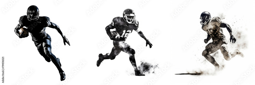 American football player running with the ball in various motion phases on white background