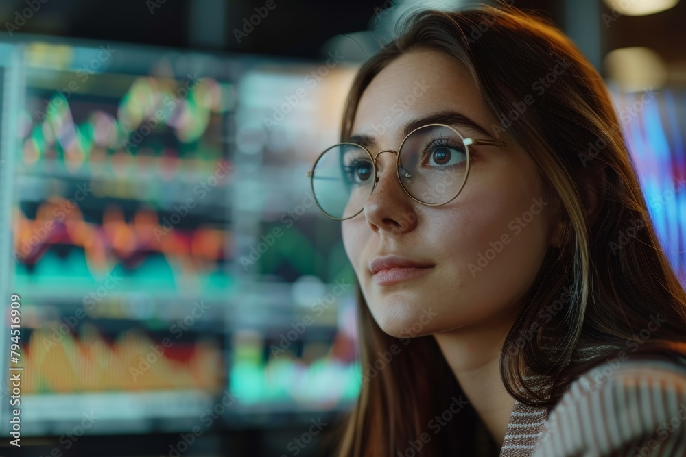 Thoughtful young woman with glasses looking at camera Thoughtful young woman with glasses looking at camera