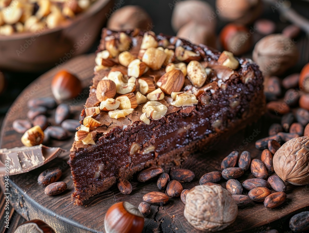 Decadent chocolate cake with nuts and caramel