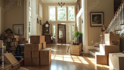 Moving house interior cluttered with boxes and cartons, embodying the chaos and excitement of a new beginning. 📦🏠 © Elzerl