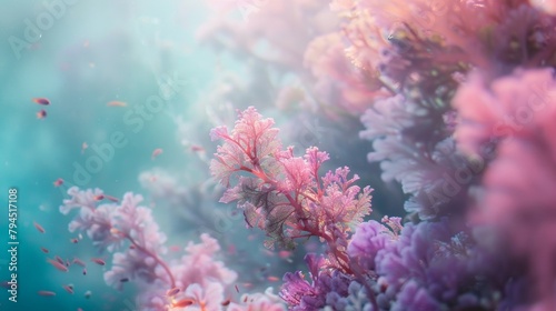 Defocused image 2 The blurred outlines of sprawling coral reefs and swaying underwater plants cast in soft shades of pink purple and aquamarine. Playful sea creatures dart in and out .