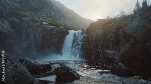 Majestic Waterfall in Rugged Landscape
