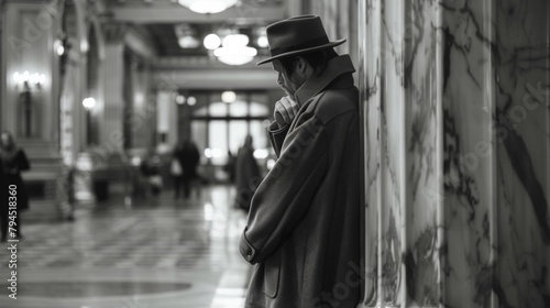 A person clad in a long coat and fedora leans against a marble pillar face partially obscured as they observe the activity in . .