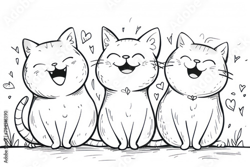 joyful trio of cartoon cats coloring page with hearts for kids