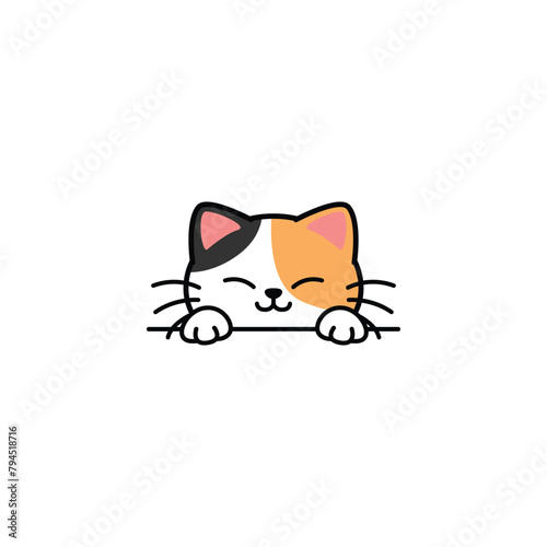 Cute calico cat peeking cartoon, vector illustration