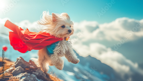 Superhero puppy. Flying puppy. Powerful puppy.