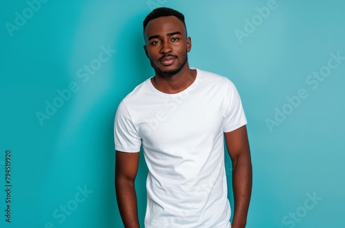Confident young man in white t-shirt against turquoise background
