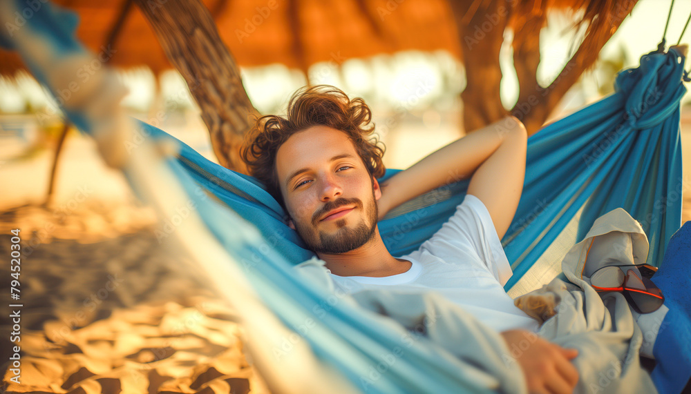 Man in hammock enjoying vacation. Man on the beach lying in a hammock. Man in hammock enjoying vacation. Man on the beach lying in a hammock.