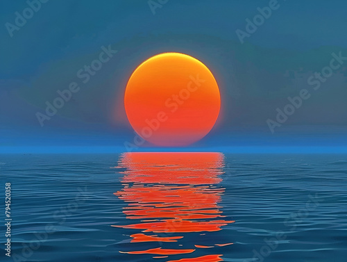A huge orange sun seting over the ocean, with its reflection on the water's surface photo
