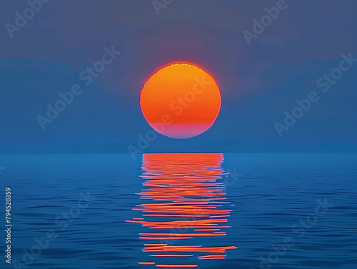 A huge orange sun seting over the ocean, with its reflection on the water's surface photo