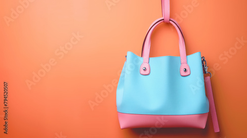 stylish blue and pink pastel handbag hanging on a vibrant orange background