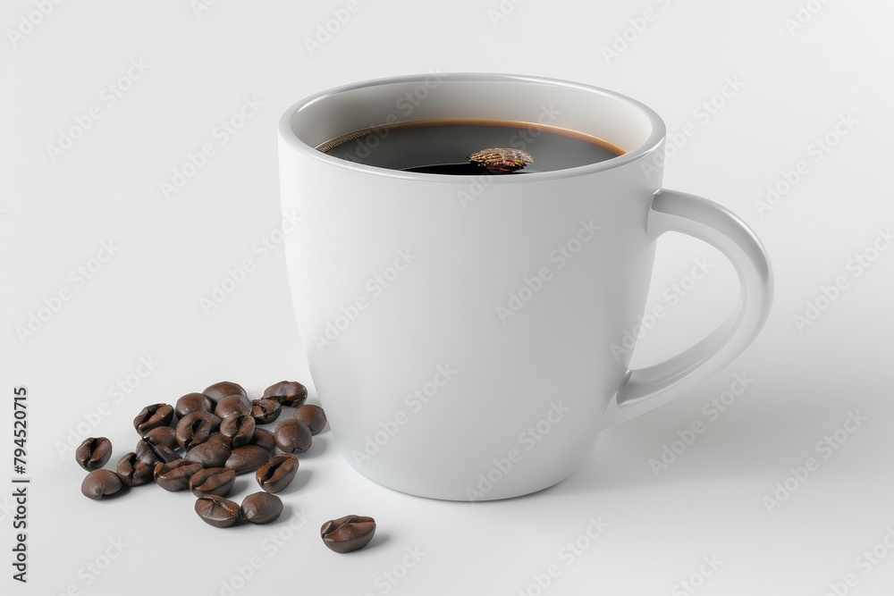 Freshly brewed coffee in a white mug with coffee beans Freshly brewed coffee in a white mug with coffee beans