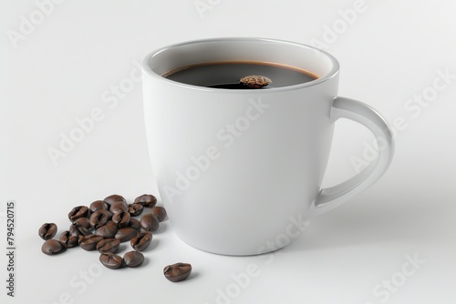 Freshly brewed coffee in a white mug with coffee beans