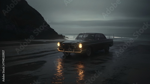 Retro car at the beach, cinematic dark look