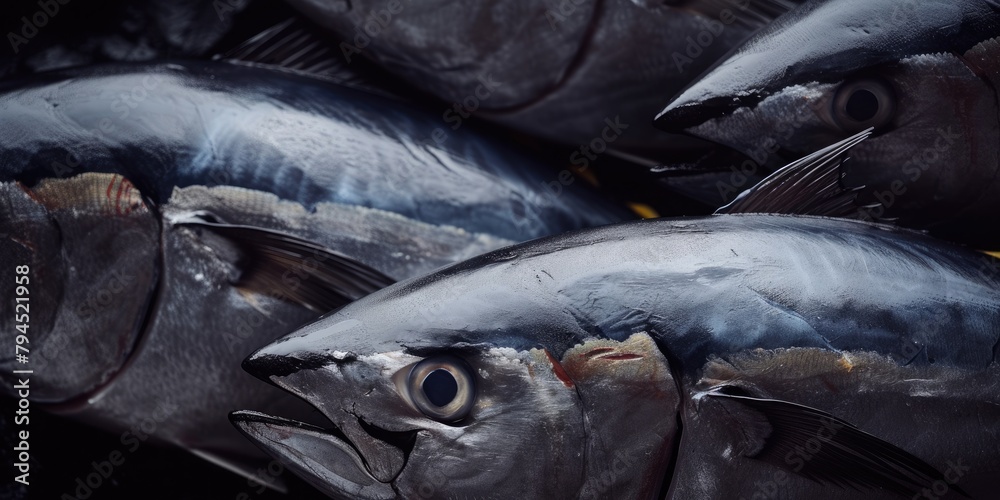 Obraz premium Tuna fish in a seafood market, close-up view.