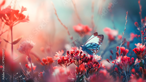 Blue Butterfly on Pink Flower during Sunset photo