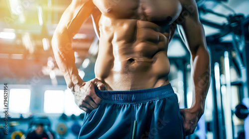 Close-Up of Abdominal Muscles of a Young Athlete Training in the Gym