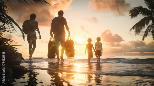 Family Walking on Beach During Sunset Holiday photo