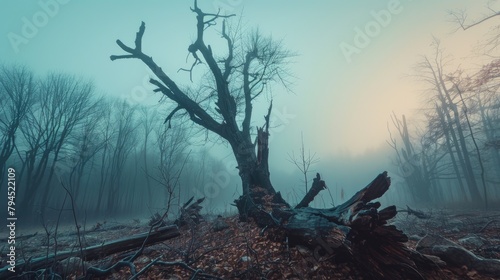Dead tree standing alone in fog on forest floor at dawn photo