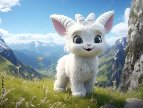 Cute Fluffy White Bunny in Scenic Mountain Landscape