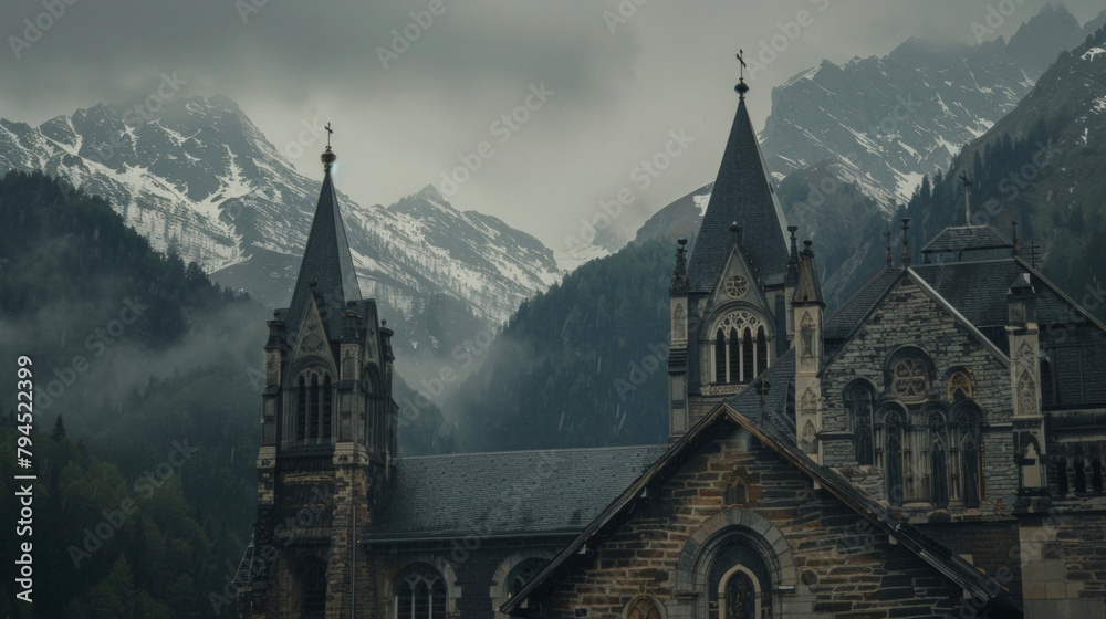 In the distance rugged mountains can be seen behind the cathedral adding to the wild and mysterious atmosphere of the building. .