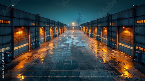 An expansive, industrial warehouse complex illuminated by lights at dusk under a cloudy sky.