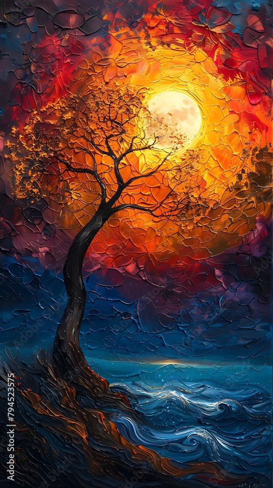Vibrant oil painting of a solitary tree against a luminous full moon and dynamic sky with a textured ocean below. 