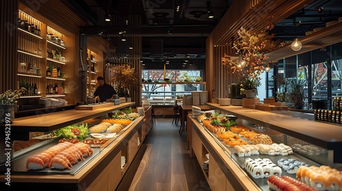 An elegant sushi restaurant interior with a chef preparing dishes and an array of sushi on display at the counter. 