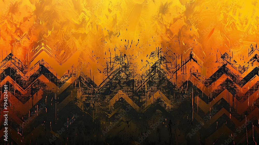 An abstract background with a vibrant gradient of orange and yellow hues, overlaid with a dynamic, gritty black distressed texture,