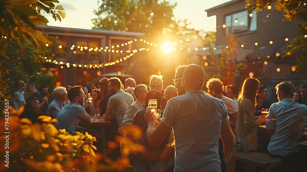 A group of people enjoy a social evening at an outdoor venue with festive lights as the sun sets. 