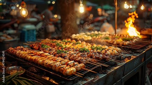 Grilled skewered meats and seafood sizzle on an outdoor barbecue stall at night under warm ambient lighting, evoking a bustling street food atmosphere 