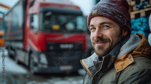 A smiling man wearing a winter hat and a jacket stands in front of a red truck, conveying warmth and friendliness in a cold setting. 