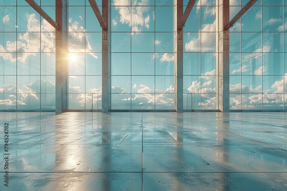 Obraz premium Sunlight streams through azure windows of vacant building with a swimming pool