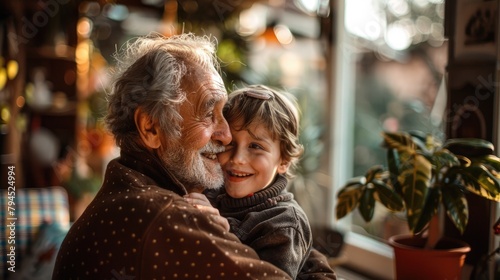 an older man and a young boy hugging each other, fathers day background