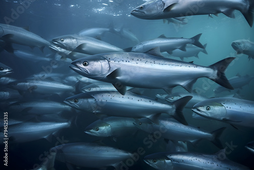 A dense shoal of Atlantic salmon swims in deep blue waters. photo