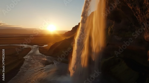 view of the waterfall at sunset