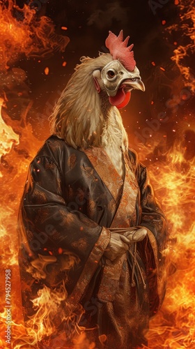 Beautiful rooster in a kimono against the background of fire photo