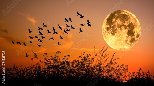 big moon and flying birds with scenery background at sunset