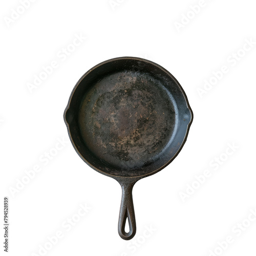An isolated image of a cast iron skillet resting on a blue and white wooden table against a transparent background photo