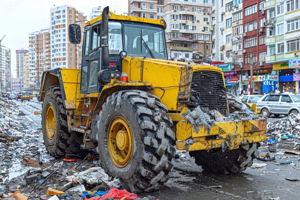 Bulldozer Digging Through Trash Pile in City