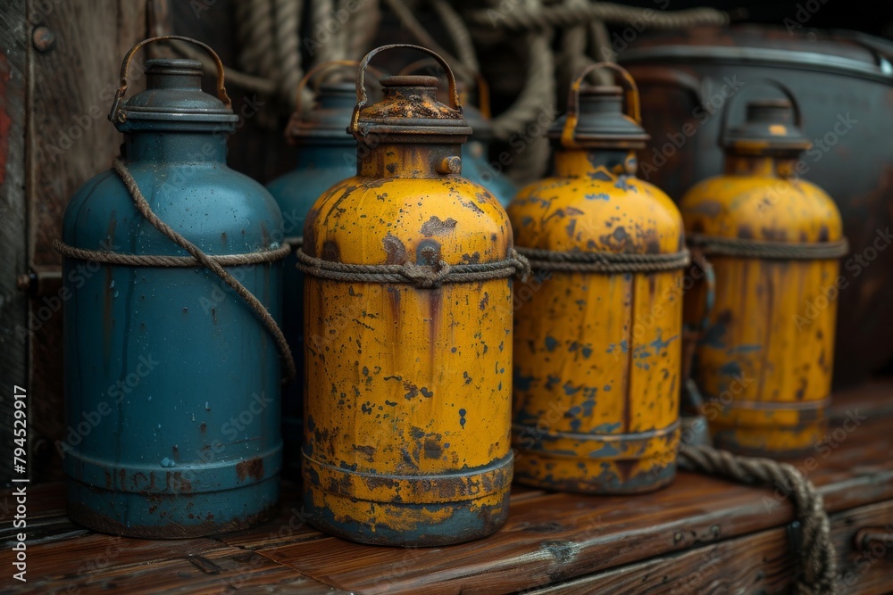 Group of Yellow and Blue Gas Bottles on a Shelf Group of Yellow and Blue Gas Bottles on a Shelf