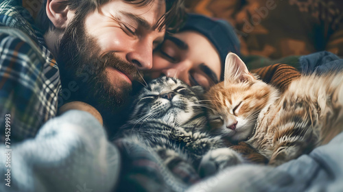 Man and Cats Cuddling and Sleeping Wholesomely photo