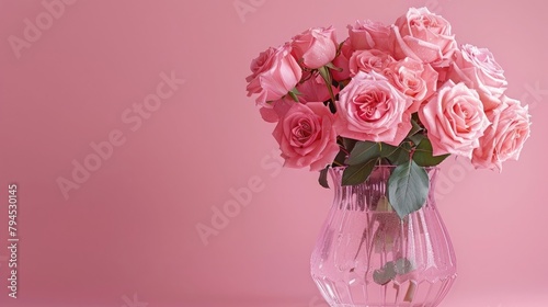 Beautiful bouquet flowers pink roses in vase on pastel pink background table. Birthday, Wedding, Mother's Day, Valentine's day, Women's Day. Front view