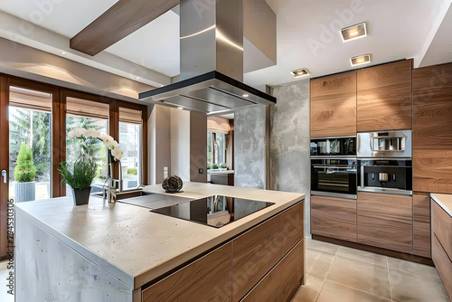 Contemporary modern kitchen interior in beige colors and concrete elements.