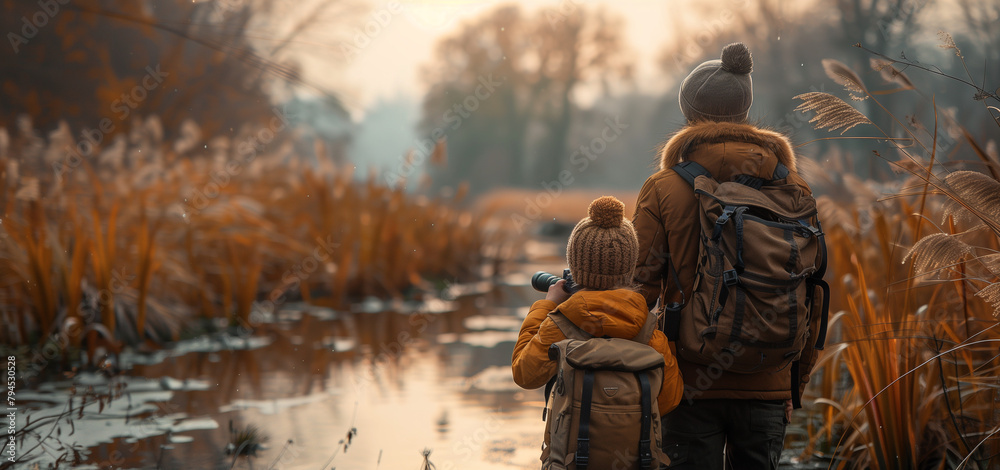 Family Enjoying Bird Watching in a Serene Wetland Family Enjoying Bird Watching in a Serene Wetland