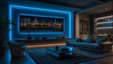 Modern smart home design with monitor screen and blue neon lights. Generative ai
