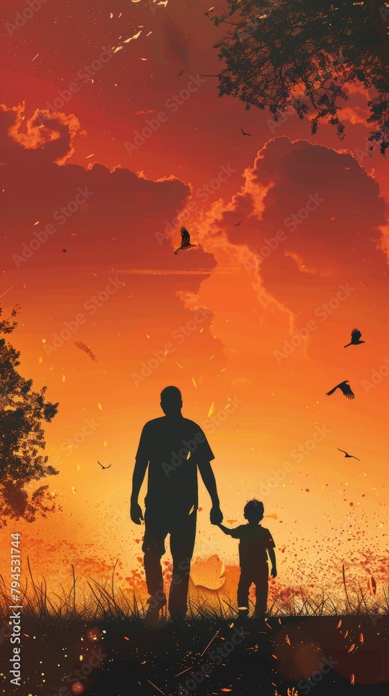 A silhouettes of father and child looking into the distance. Father's day.